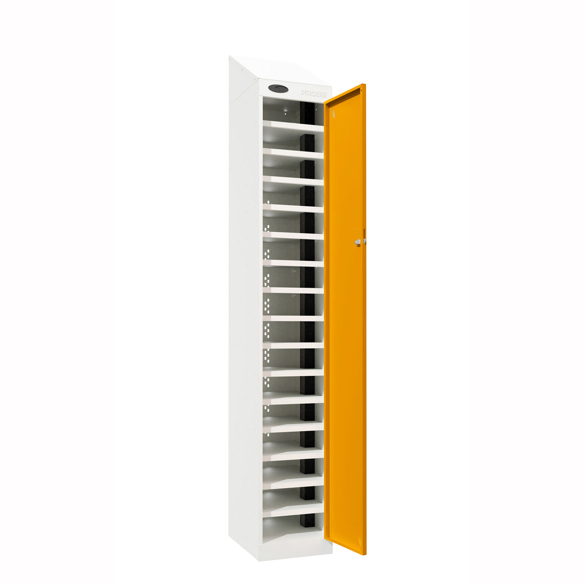 Probe PowerBox Locker — 16 Door, Sloping Top, 3-Pin UK Mains Charging — White Carcass / Yellow Doors