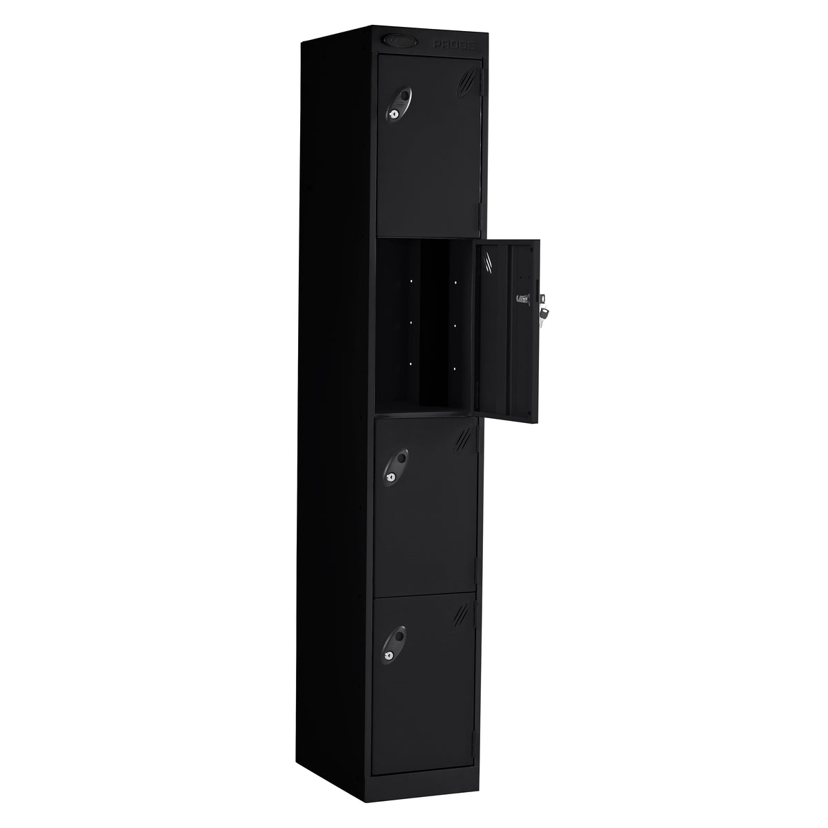 Probe PowerBox Locker — 4 Door, Flat Top, 3-Pin Mains + USB-A + USB-C Charging — Black Carcass / Black Doors