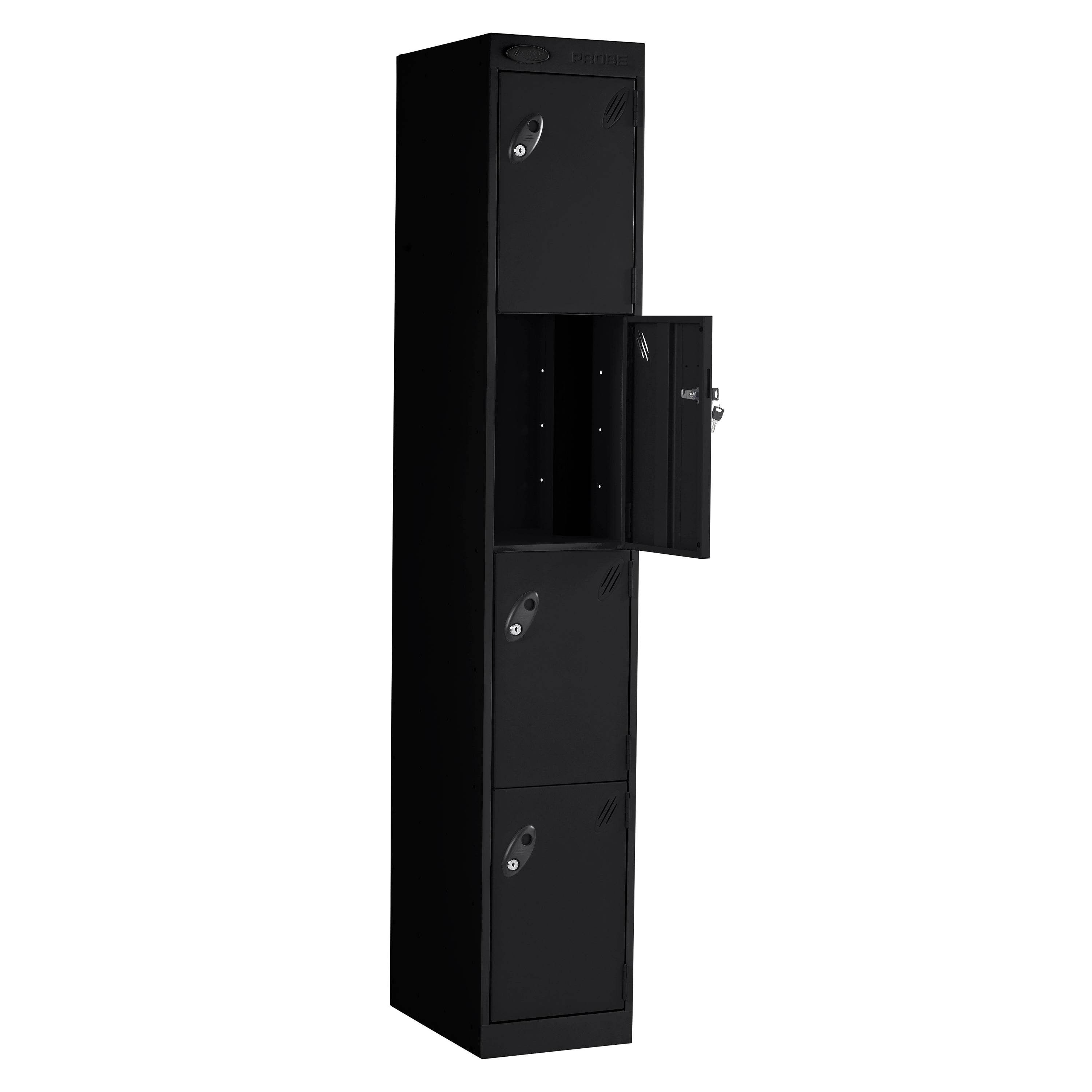 Probe PowerBox Locker — 4 Door, Flat Top, 3-Pin Mains + USB-A + USB-C Charging — Black Carcass / Black Doors
