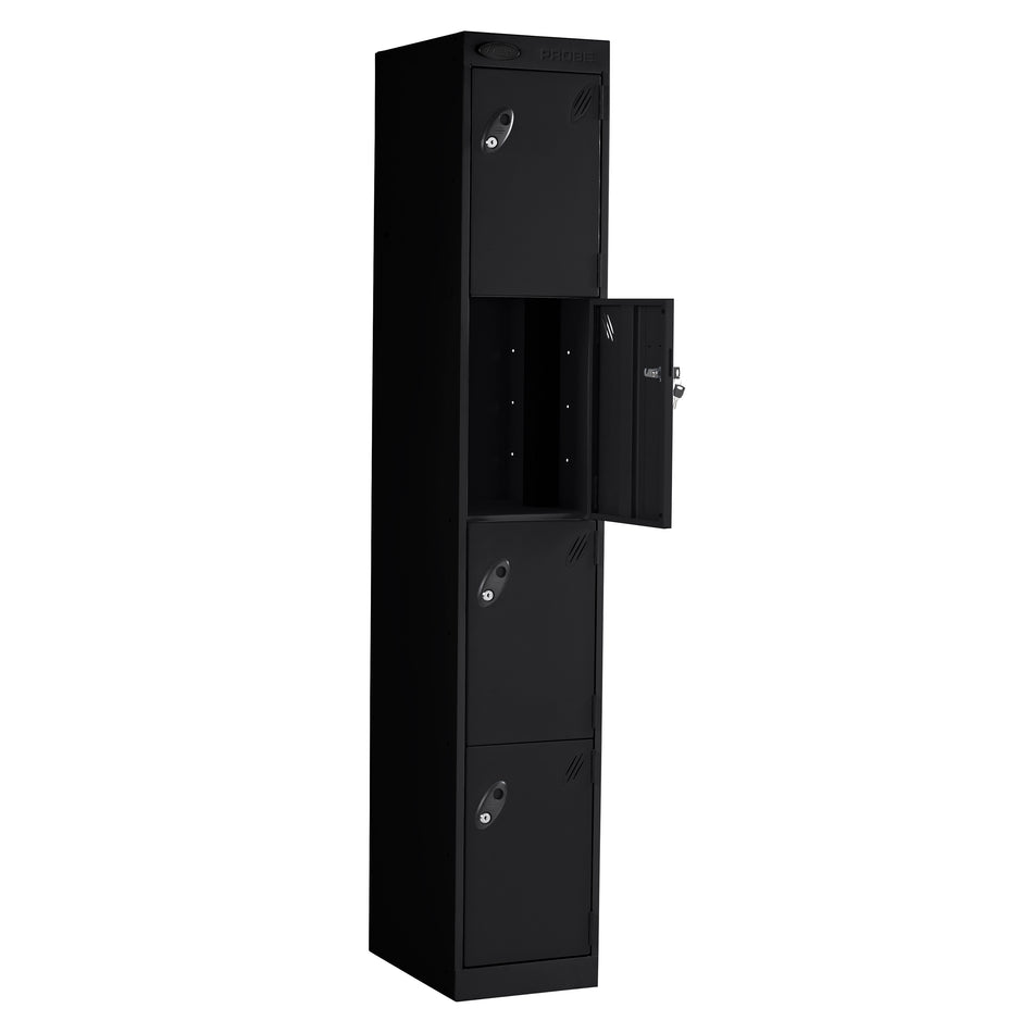Probe PowerBox Locker — 4 Door, Flat Top, 3-Pin Mains + USB-A + USB-C Charging — Black Carcass / Black Doors