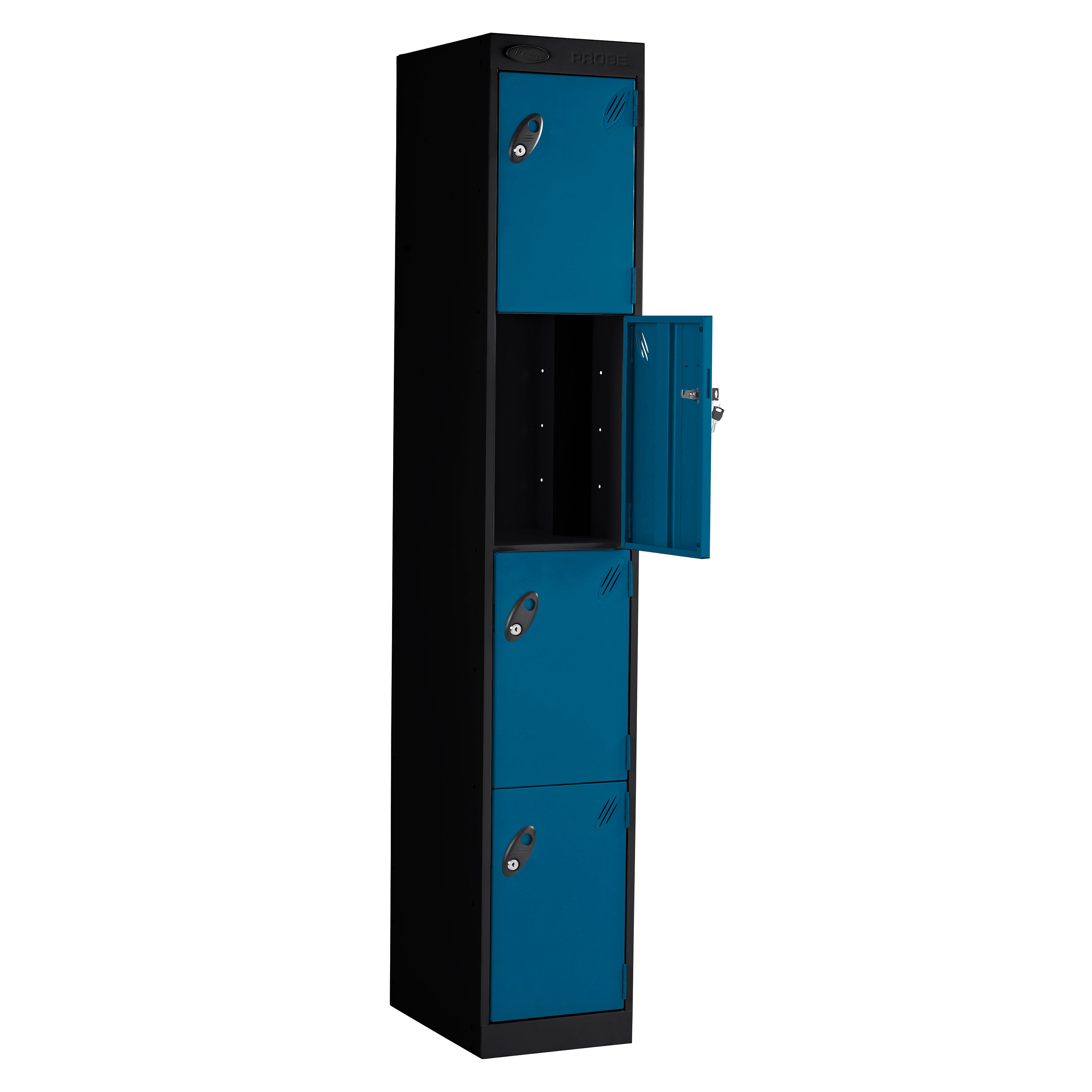 Probe PowerBox Locker — 4 Door, Flat Top, 3-Pin Mains + USB-A + USB-C Charging — Black Carcass / Blue Doors