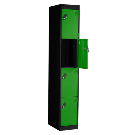 Probe PowerBox Locker — 4 Door, Flat Top, 3-Pin Mains + USB-A + USB-C Charging — Black Carcass / Green Doors