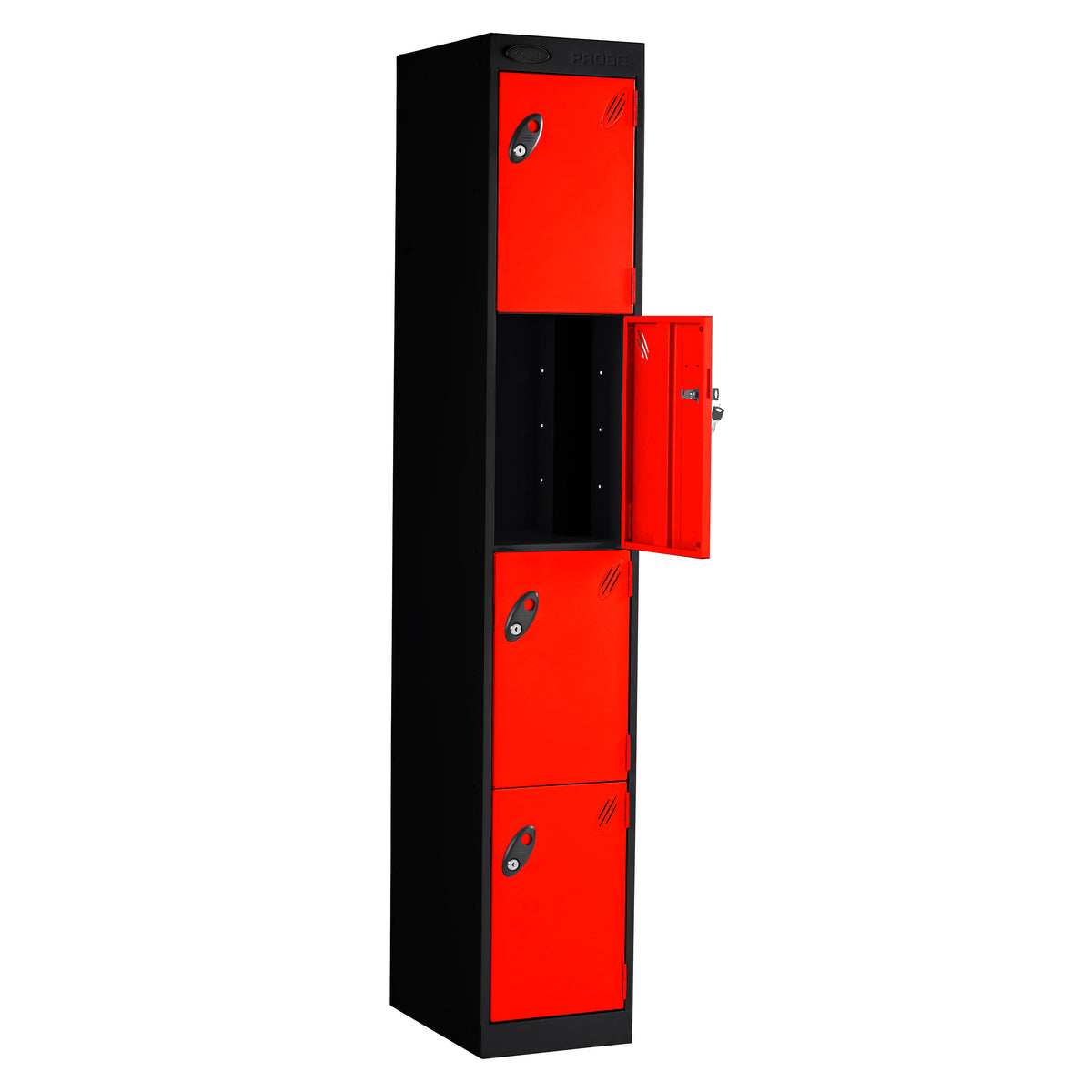 Probe PowerBox Locker — 4 Door, Flat Top, 3-Pin Mains + USB-A + USB-C Charging — Black Carcass / Red Doors