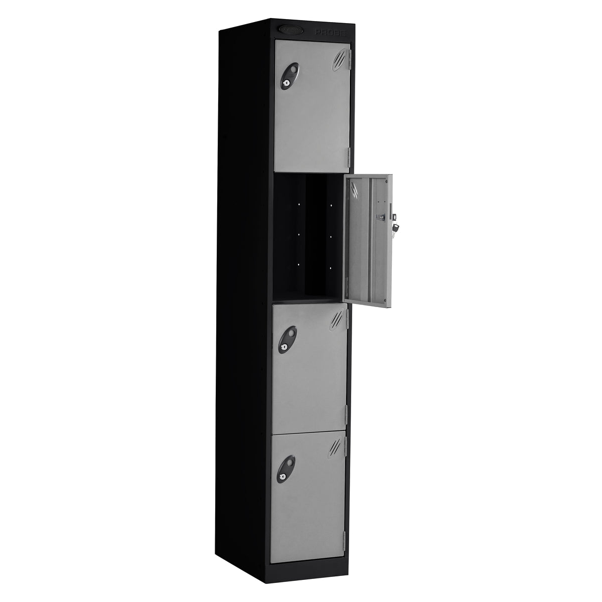 Probe PowerBox Locker — 4 Door, Flat Top, 3-Pin Mains + USB-A + USB-C Charging — Black Carcass / Silver Doors