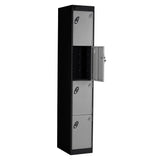 Probe PowerBox Locker — 4 Door, Flat Top, 3-Pin Mains + USB-A + USB-C Charging — Black Carcass / Silver Doors