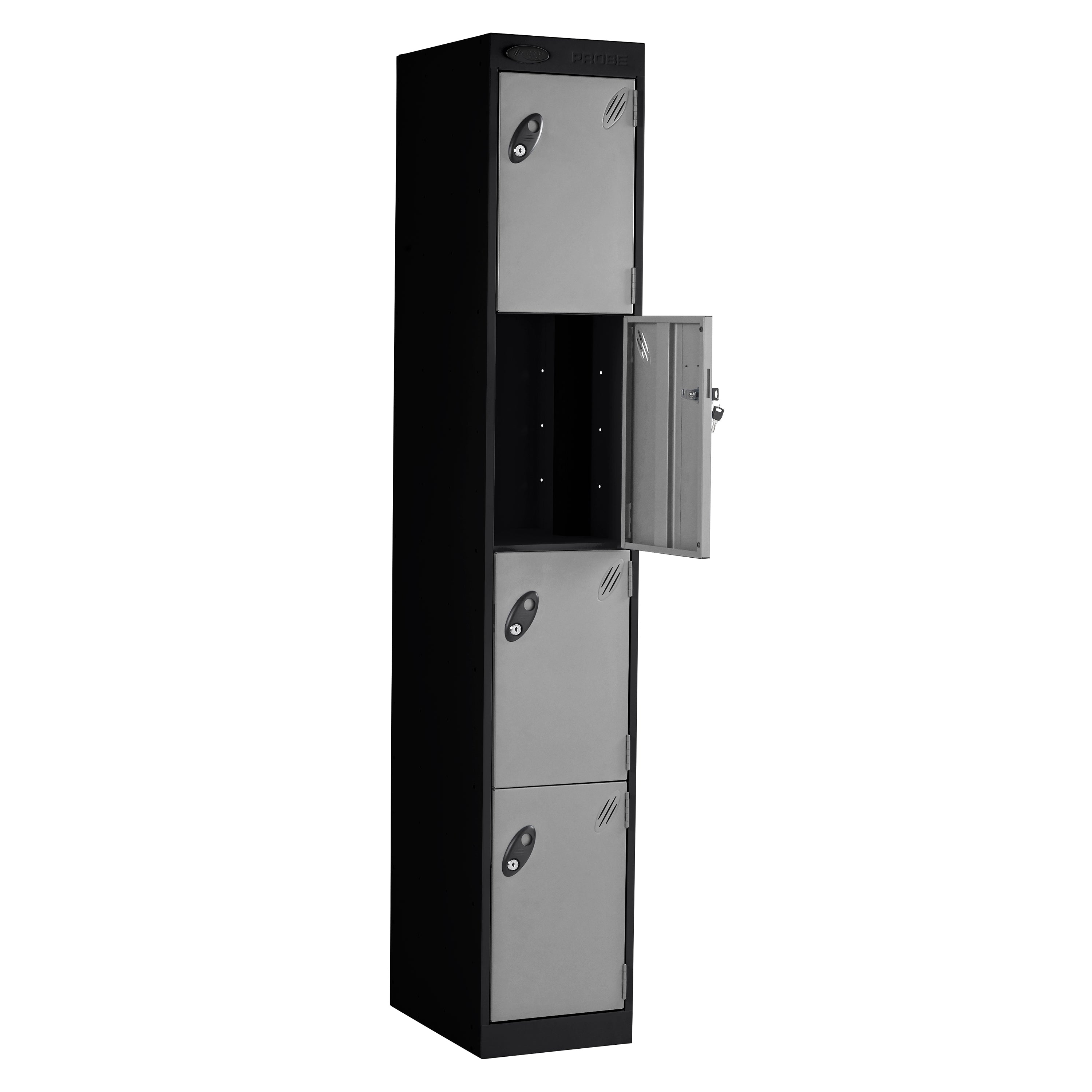 Probe PowerBox Locker — 4 Door, Flat Top, 3-Pin Mains + USB-A + USB-C Charging — Black Carcass / Silver Doors