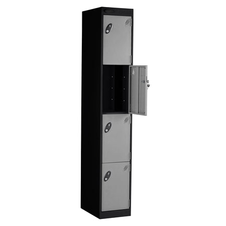 Probe PowerBox Locker — 4 Door, Flat Top, 3-Pin Mains + USB-A + USB-C Charging — Black Carcass / Silver Doors
