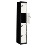 Probe PowerBox Locker — 4 Door, Flat Top, 3-Pin Mains + USB-A + USB-C Charging — Black Carcass / White Doors