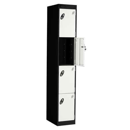 Probe PowerBox Locker — 4 Door, Flat Top, 3-Pin Mains + USB-A + USB-C Charging — Black Carcass / White Doors