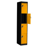 Probe PowerBox Locker — 4 Door, Flat Top, 3-Pin Mains + USB-A + USB-C Charging — Black Carcass / Yellow Doors