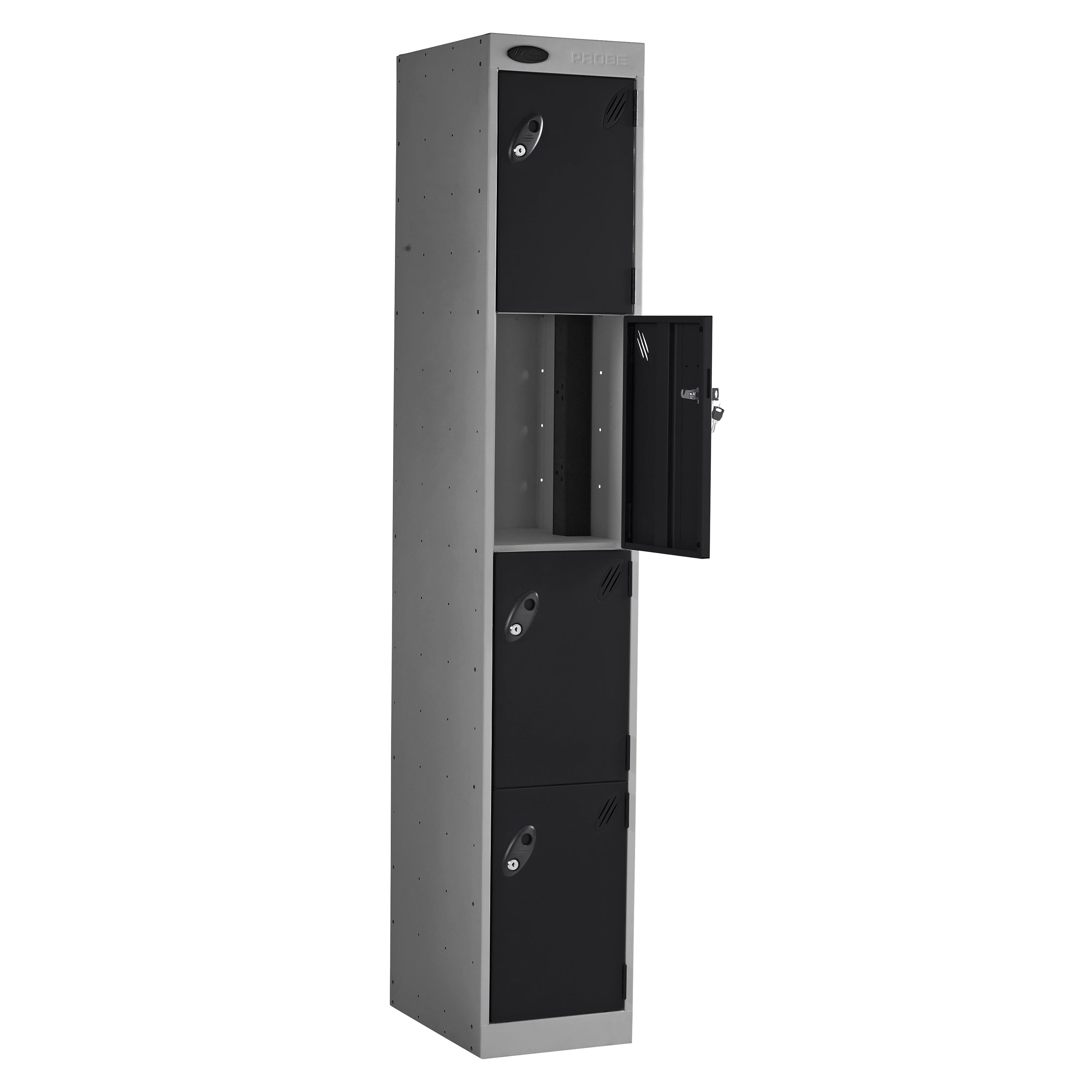 Probe PowerBox Locker — 4 Door, Flat Top, 3-Pin Mains + USB-A + USB-C Charging — Silver Carcass / Black Doors