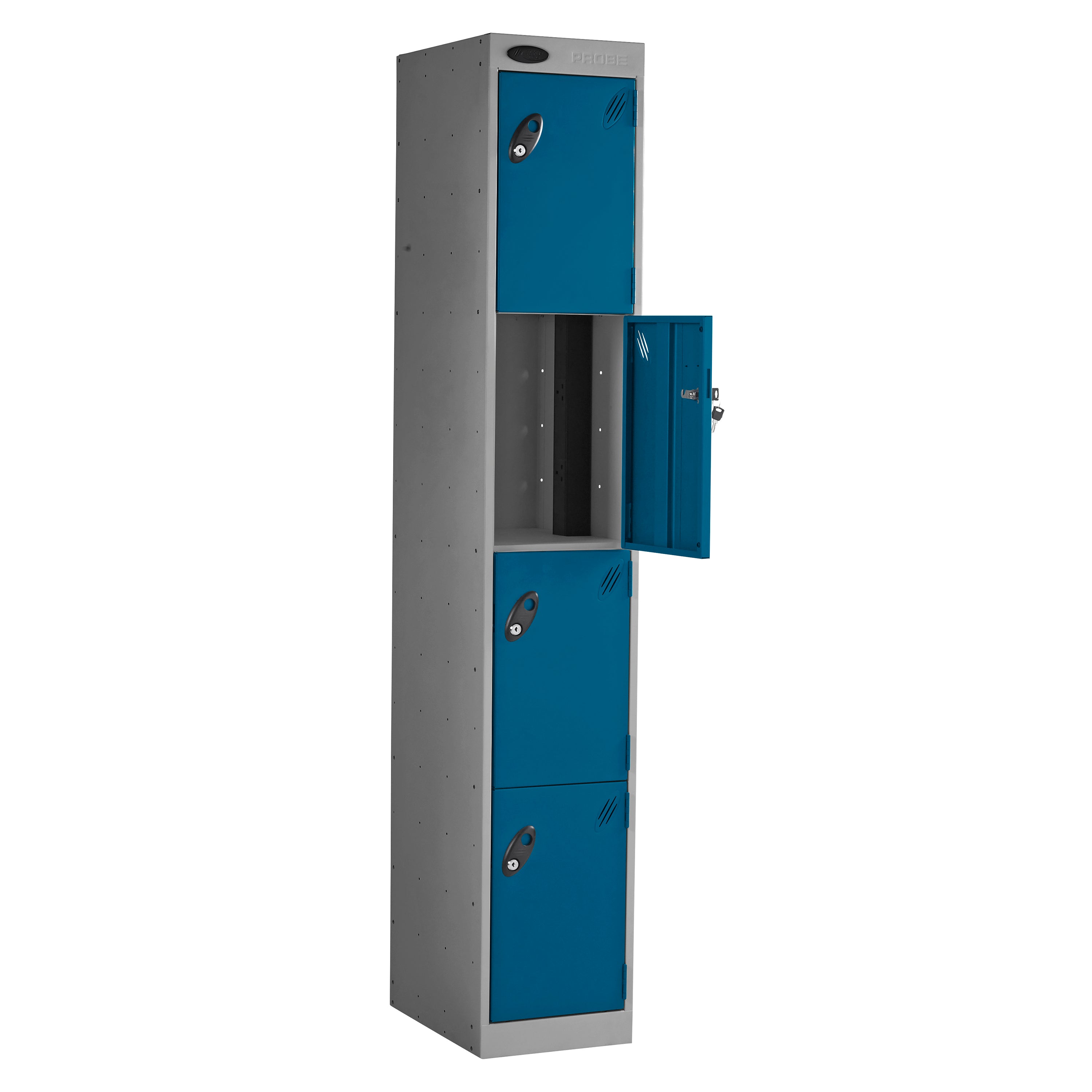 Probe PowerBox Locker — 4 Door, Flat Top, 3-Pin Mains + USB-A + USB-C Charging — Silver Carcass / Blue Doors