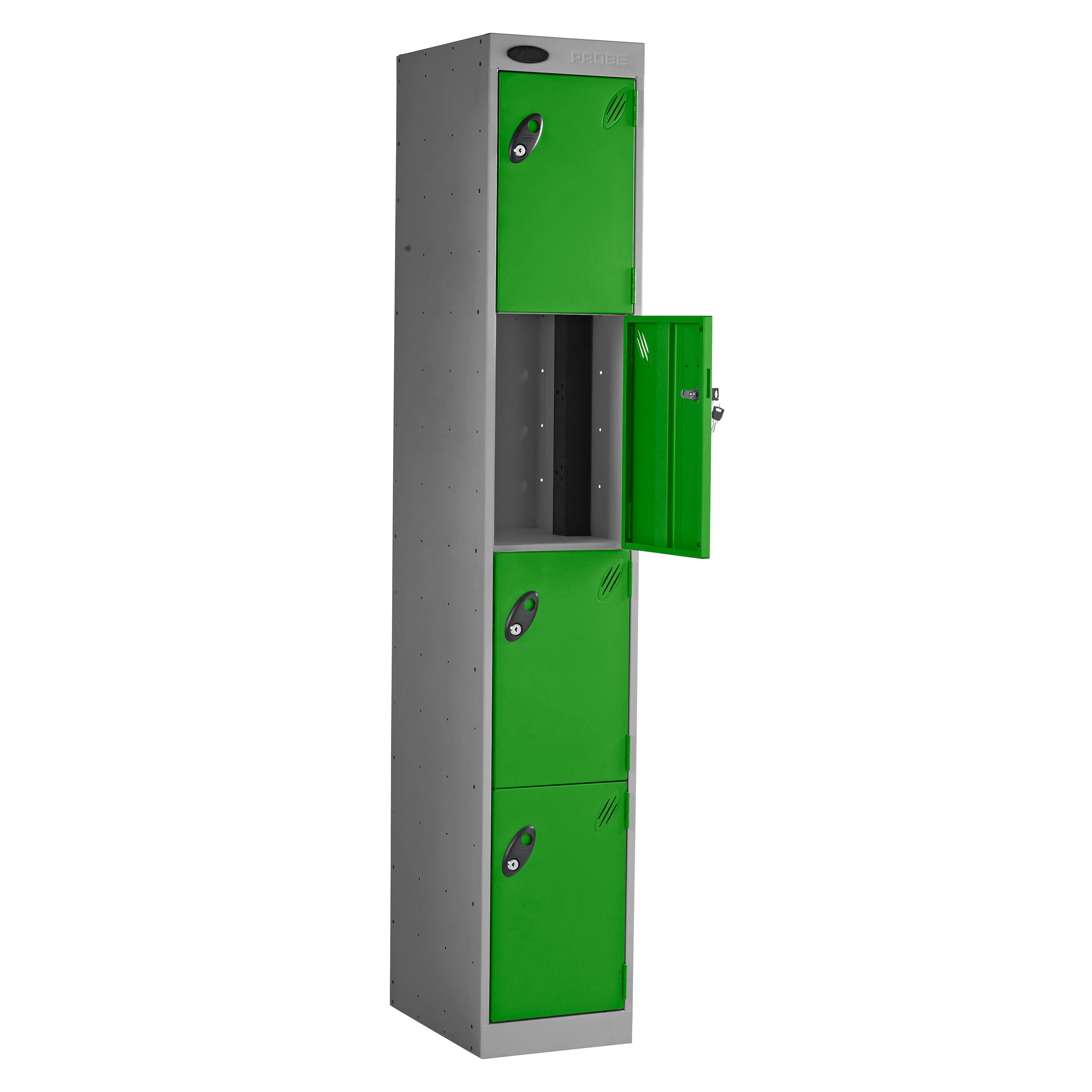 Probe PowerBox Locker — 4 Door, Flat Top, 3-Pin Mains + USB-A + USB-C Charging — Silver Carcass / Green Doors