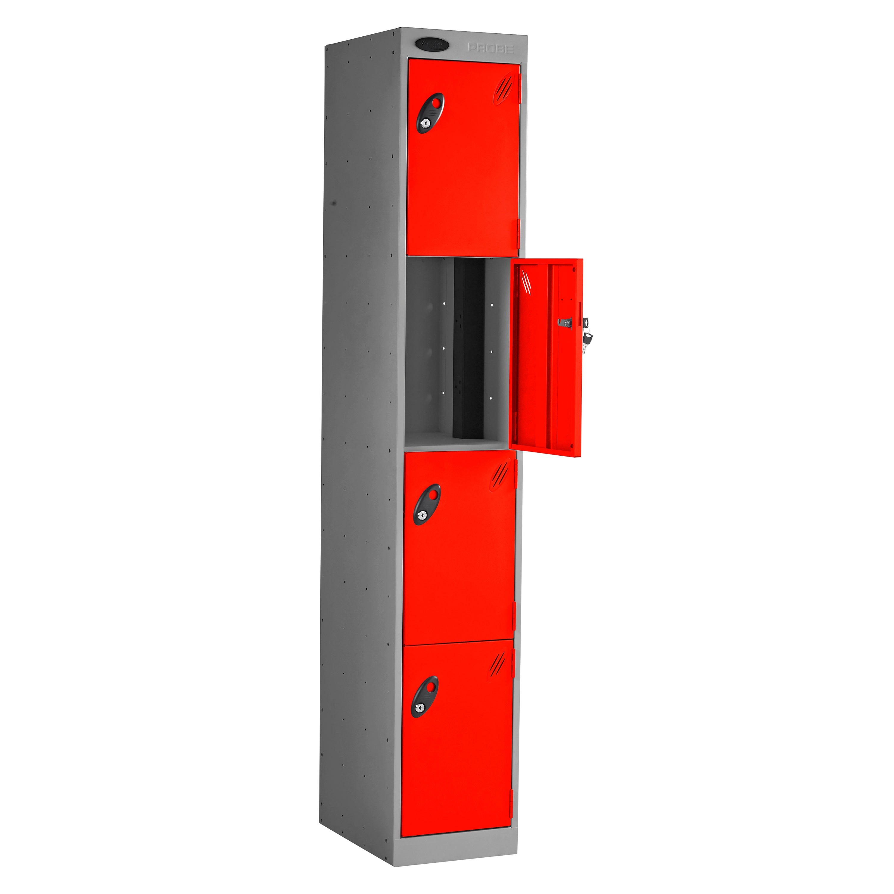Probe PowerBox Locker — 4 Door, Flat Top, 3-Pin Mains + USB-A + USB-C Charging — Silver Carcass / Red Doors