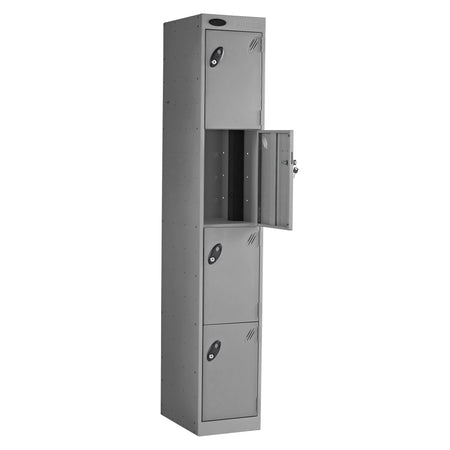 Probe PowerBox Locker — 4 Door, Flat Top, 3-Pin Mains + USB-A + USB-C Charging — Silver Carcass / Silver Doors