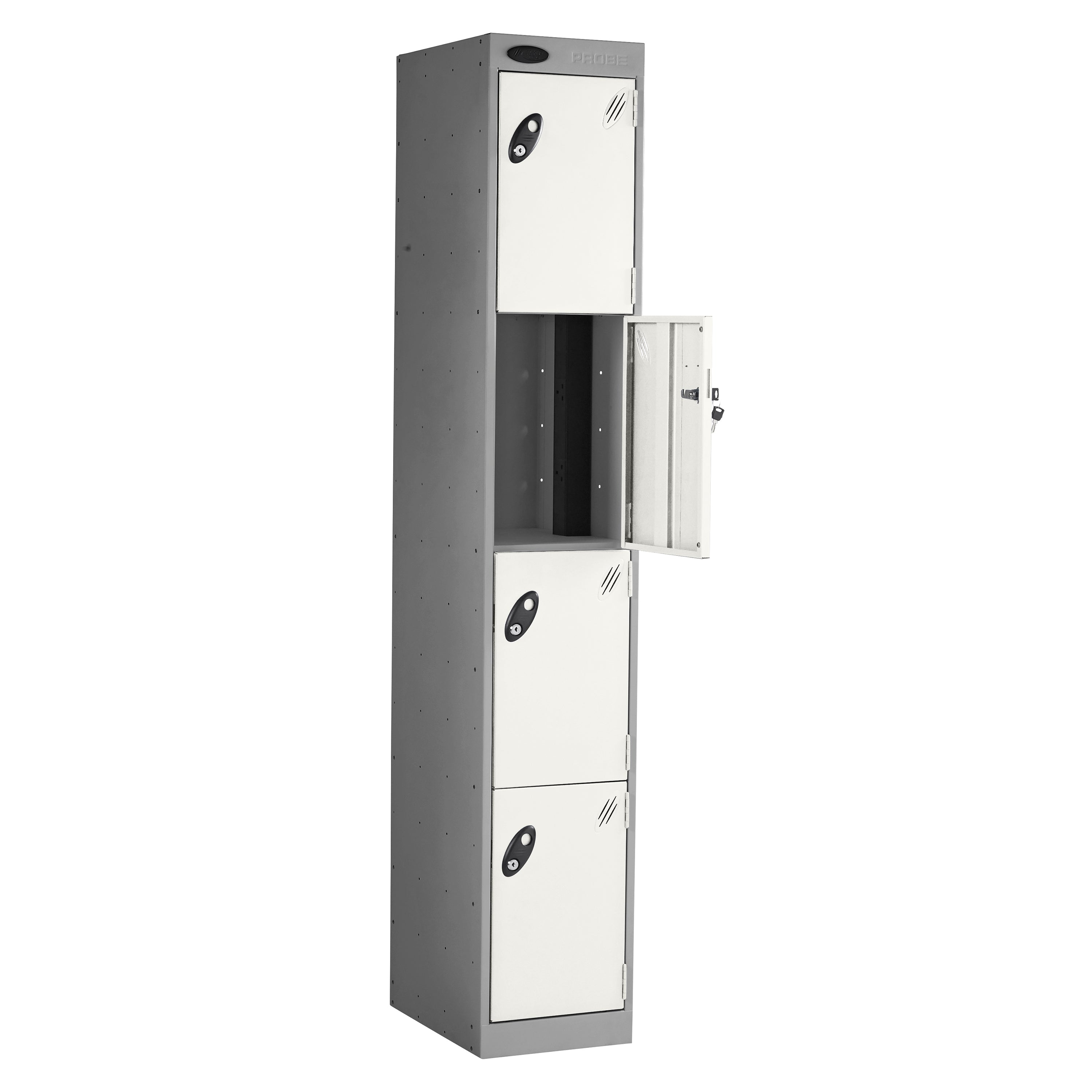 Probe PowerBox Locker — 4 Door, Flat Top, 3-Pin Mains + USB-A + USB-C Charging — Silver Carcass / White Doors