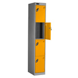 Probe PowerBox Locker — 4 Door, Flat Top, 3-Pin Mains + USB-A + USB-C Charging — Silver Carcass / Yellow Doors