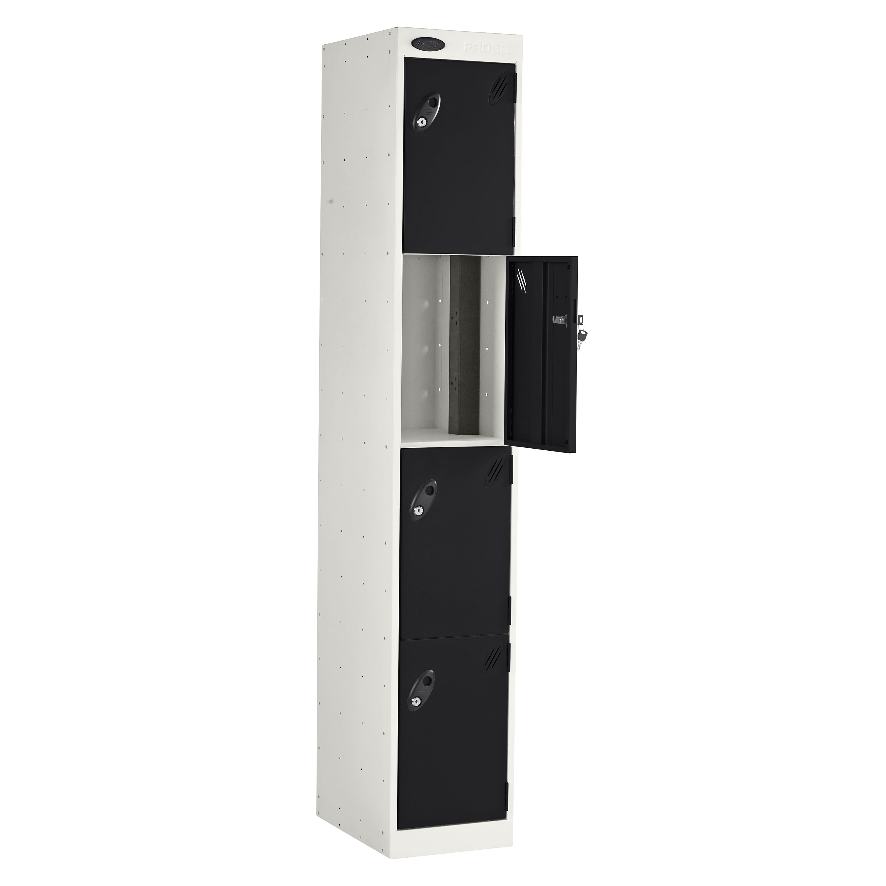 Probe PowerBox Locker — 4 Door, Flat Top, 3-Pin Mains + USB-A + USB-C Charging — White Carcass / Black Doors