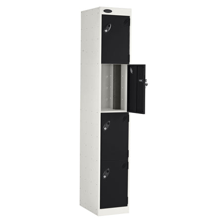 Probe PowerBox Locker — 4 Door, Flat Top, 3-Pin Mains + USB-A + USB-C Charging — White Carcass / Black Doors