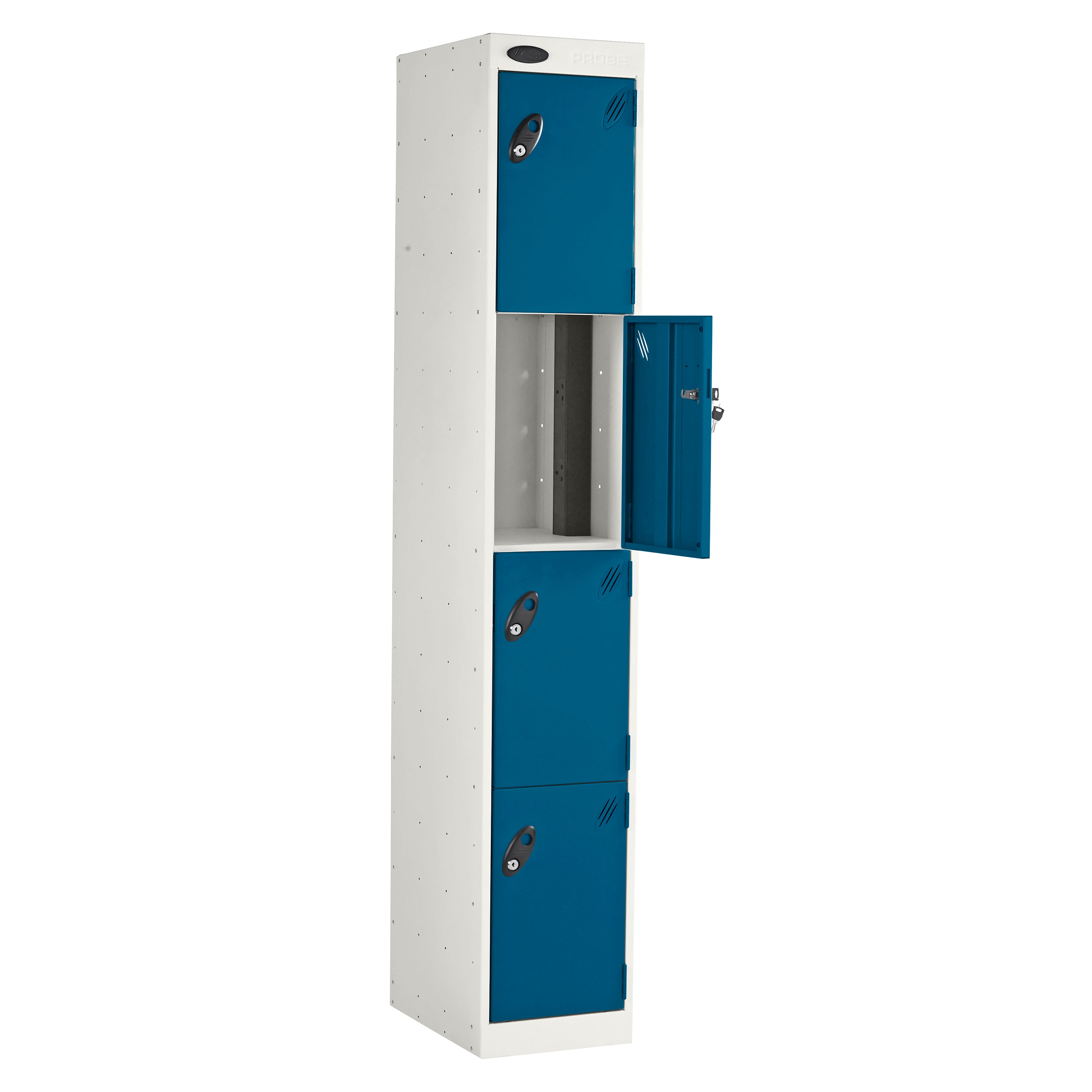 Probe PowerBox Locker — 4 Door, Flat Top, 3-Pin Mains + USB-A + USB-C Charging — White Carcass / Blue Doors