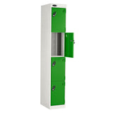 Probe PowerBox Locker — 4 Door, Flat Top, 3-Pin Mains + USB-A + USB-C Charging — White Carcass / Green Doors