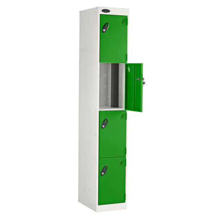 Probe PowerBox Locker — 4 Door, Flat Top, 3-Pin Mains + USB-A + USB-C Charging — White Carcass / Green Doors