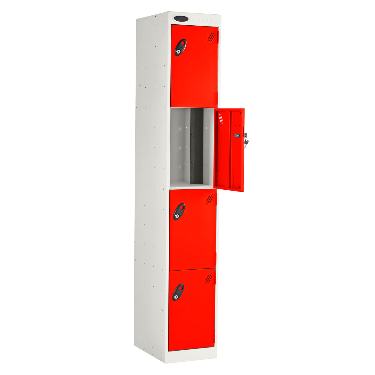 Probe PowerBox Locker — 4 Door, Flat Top, 3-Pin Mains + USB-A + USB-C Charging — White Carcass / Red Doors