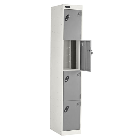 Probe PowerBox Locker — 4 Door, Flat Top, 3-Pin Mains + USB-A + USB-C Charging — White Carcass / Silver Doors