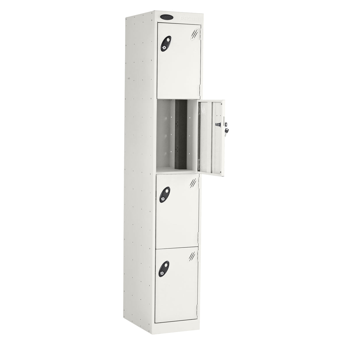 Probe PowerBox Locker — 4 Door, Flat Top, 3-Pin Mains + USB-A + USB-C Charging — White Carcass / White Doors