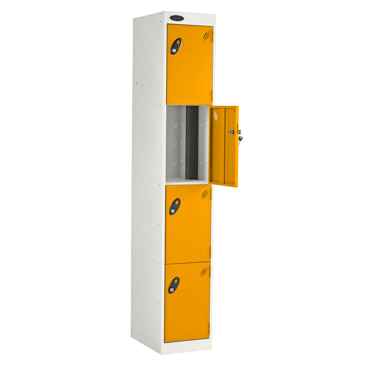 Probe PowerBox Locker — 4 Door, Flat Top, 3-Pin Mains + USB-A + USB-C Charging — White Carcass / Yellow Doors