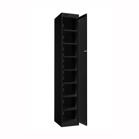 Probe PowerBox Locker — 8 Door, Flat Top, 3-Pin Mains + USB-A + USB-C Charging — Black Carcass / Black Doors