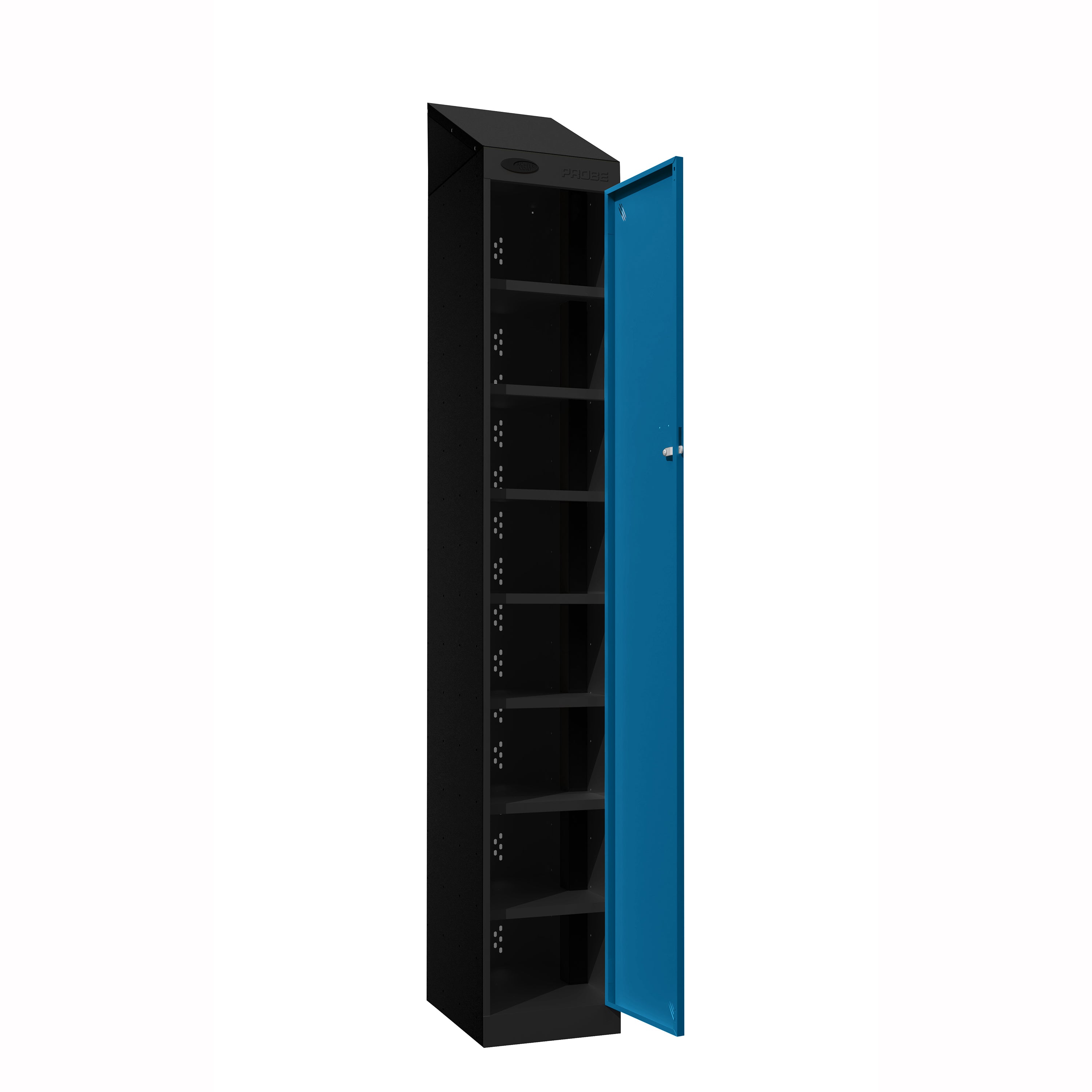 Probe PowerBox Locker — 8 Door, Sloping Top, USB-A + USB-C Charging — Black Carcass / Blue Doors