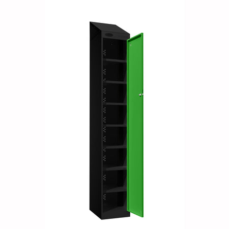 Probe PowerBox Locker — 8 Door, Sloping Top, USB-A + USB-C Charging — Black Carcass / Green Doors