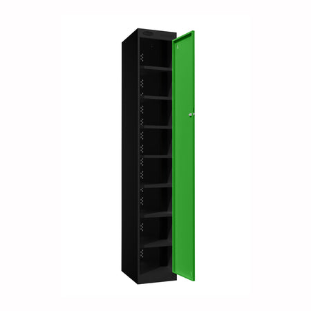Probe PowerBox Locker — 8 Door, Flat Top, 3-Pin Mains + USB-A + USB-C Charging — Black Carcass / Green Doors