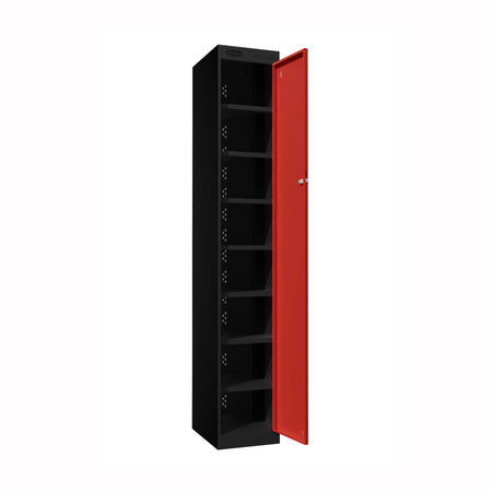Probe PowerBox Locker — 8 Door, Flat Top, USB-A + USB-C Charging — Black Carcass / Red Doors