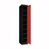 Probe PowerBox Locker — 8 Door, Flat Top, 3-Pin Mains + USB-A + USB-C Charging — Black Carcass / Red Doors