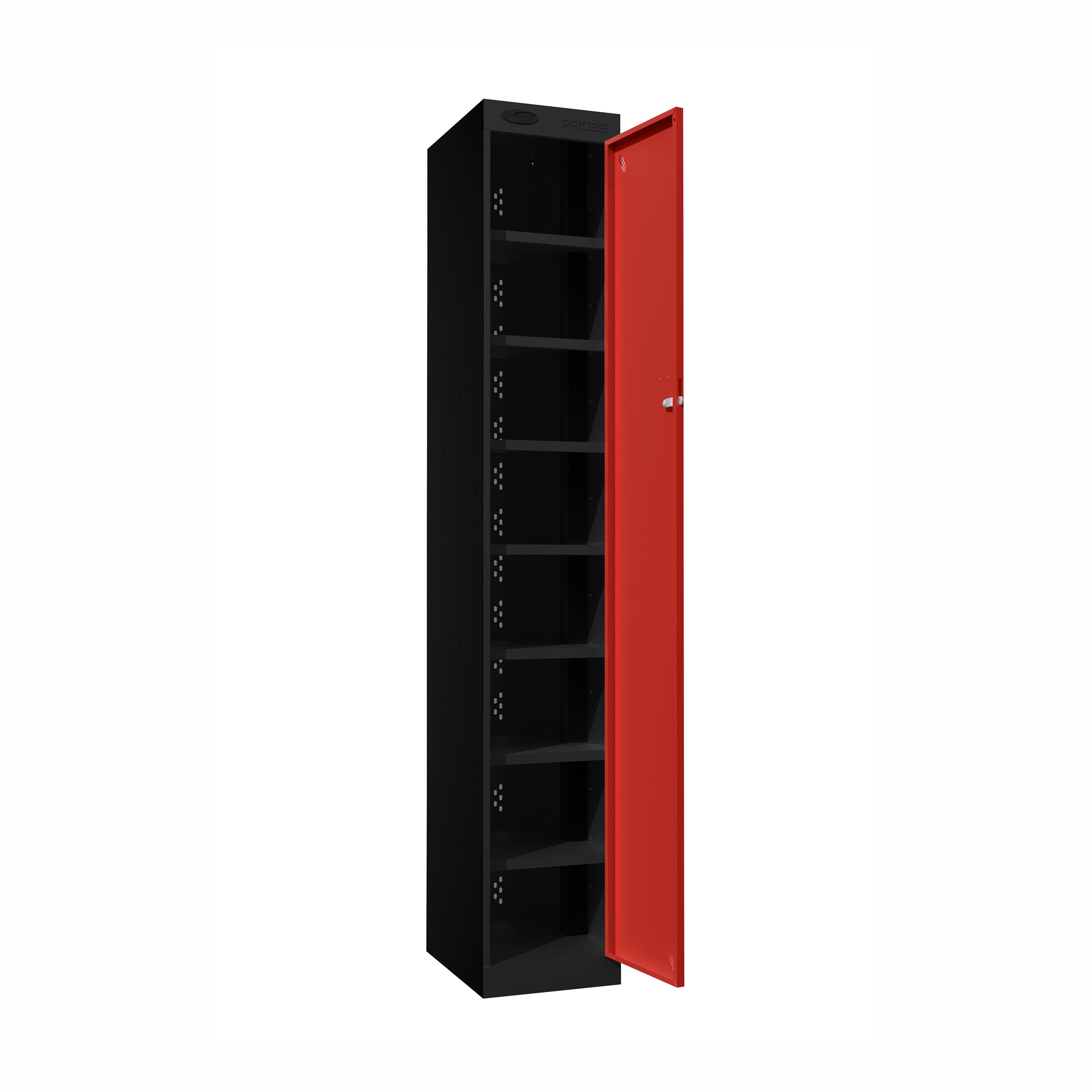 Probe PowerBox Locker — 8 Door, Flat Top, 3-Pin Mains + USB-A + USB-C Charging — Black Carcass / Red Doors