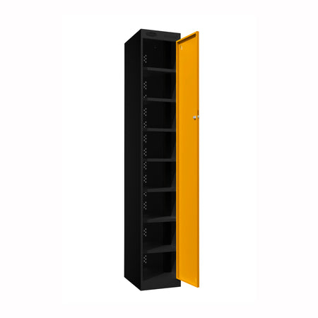 Probe PowerBox Locker — 8 Door, Flat Top, USB-A + USB-C Charging — Black Carcass / Yellow Doors