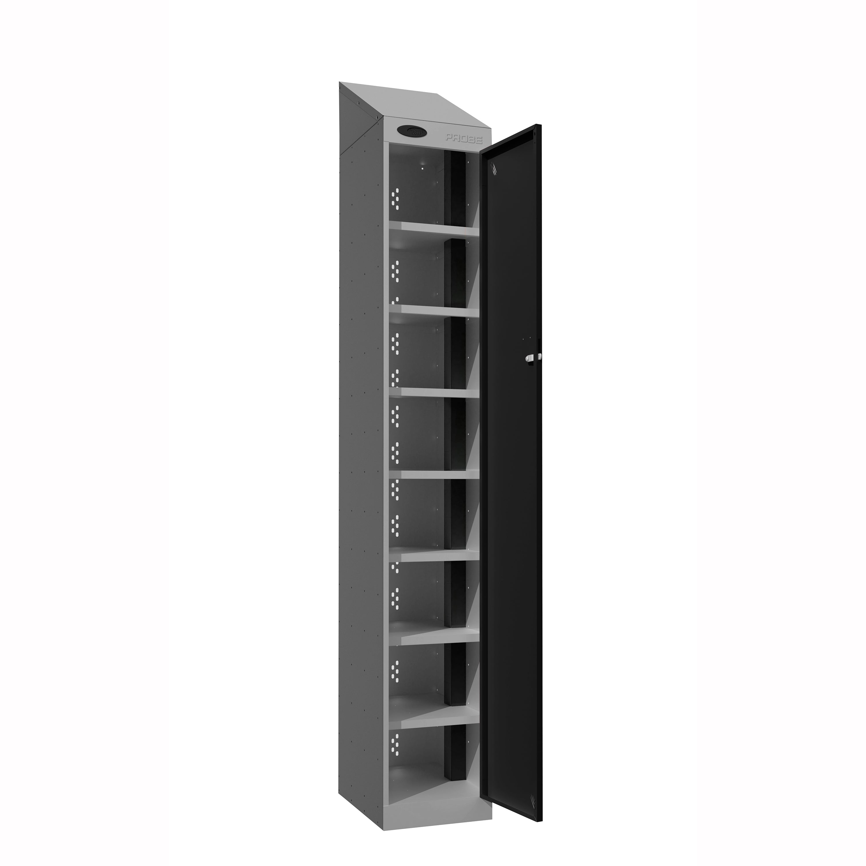 Probe PowerBox Locker — 8 Door, Sloping Top, USB-A + USB-C Charging — Silver Carcass / Black Doors