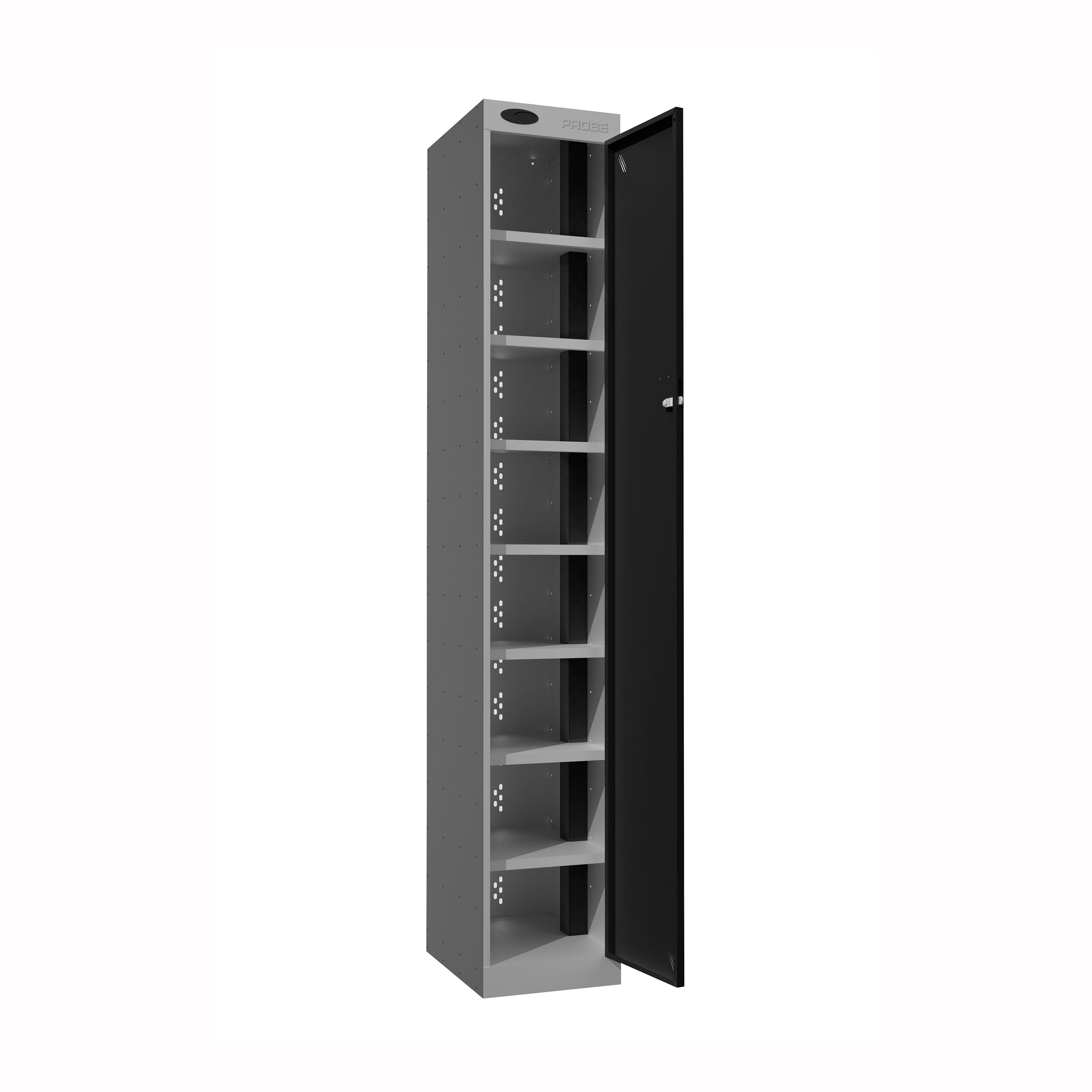 Probe PowerBox Locker — 8 Door, Flat Top, 3-Pin Mains + USB-A + USB-C Charging — Silver Carcass / Black Doors