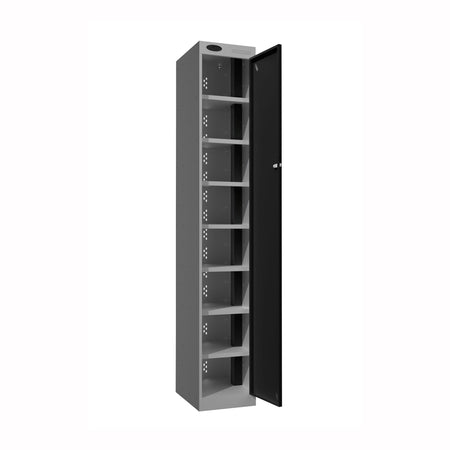 Probe PowerBox Locker — 8 Door, Flat Top, 3-Pin Mains + USB-A + USB-C Charging — Silver Carcass / Black Doors
