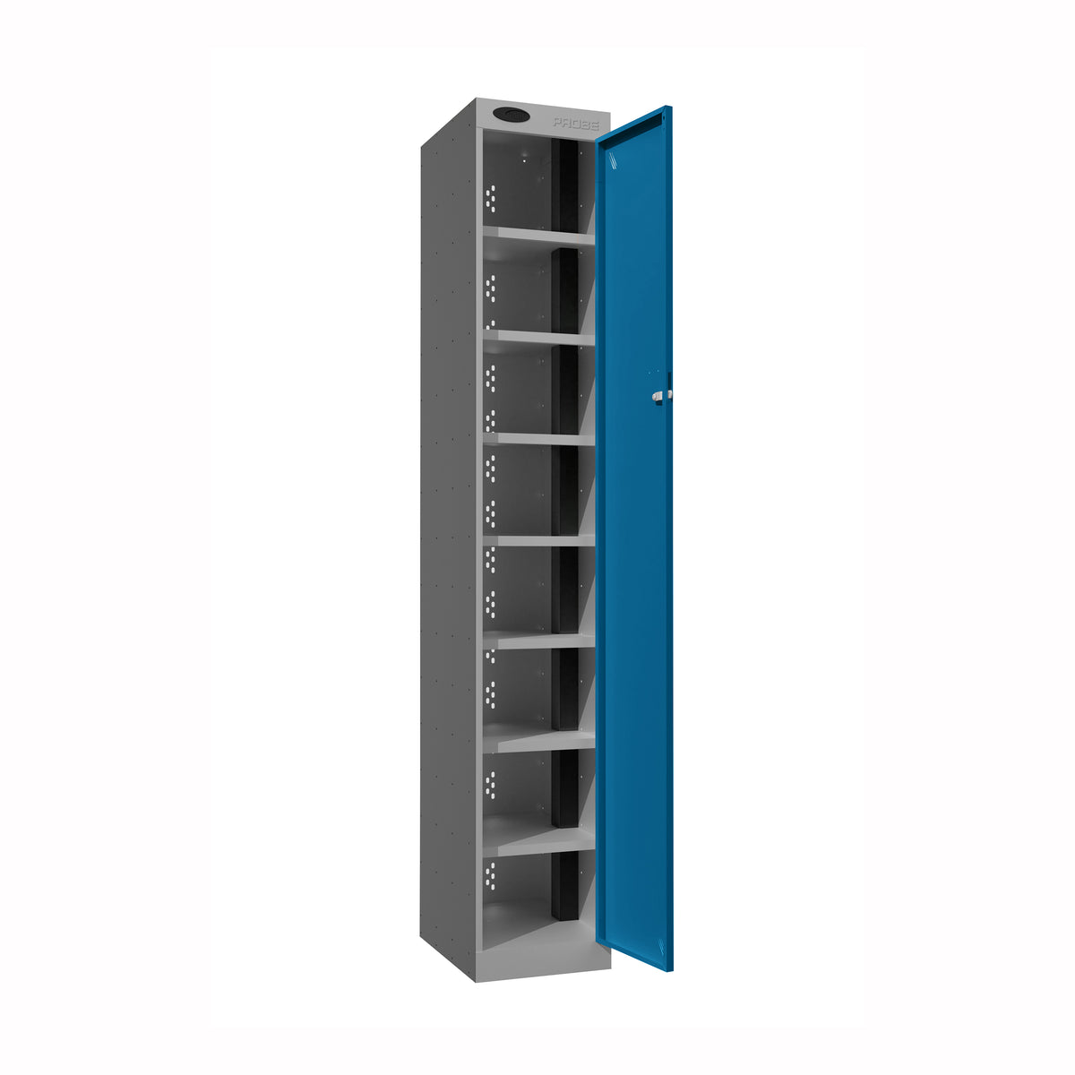 Probe PowerBox Locker — 8 Door, Flat Top, 3-Pin Mains + USB-A + USB-C Charging — Silver Carcass / Blue Doors