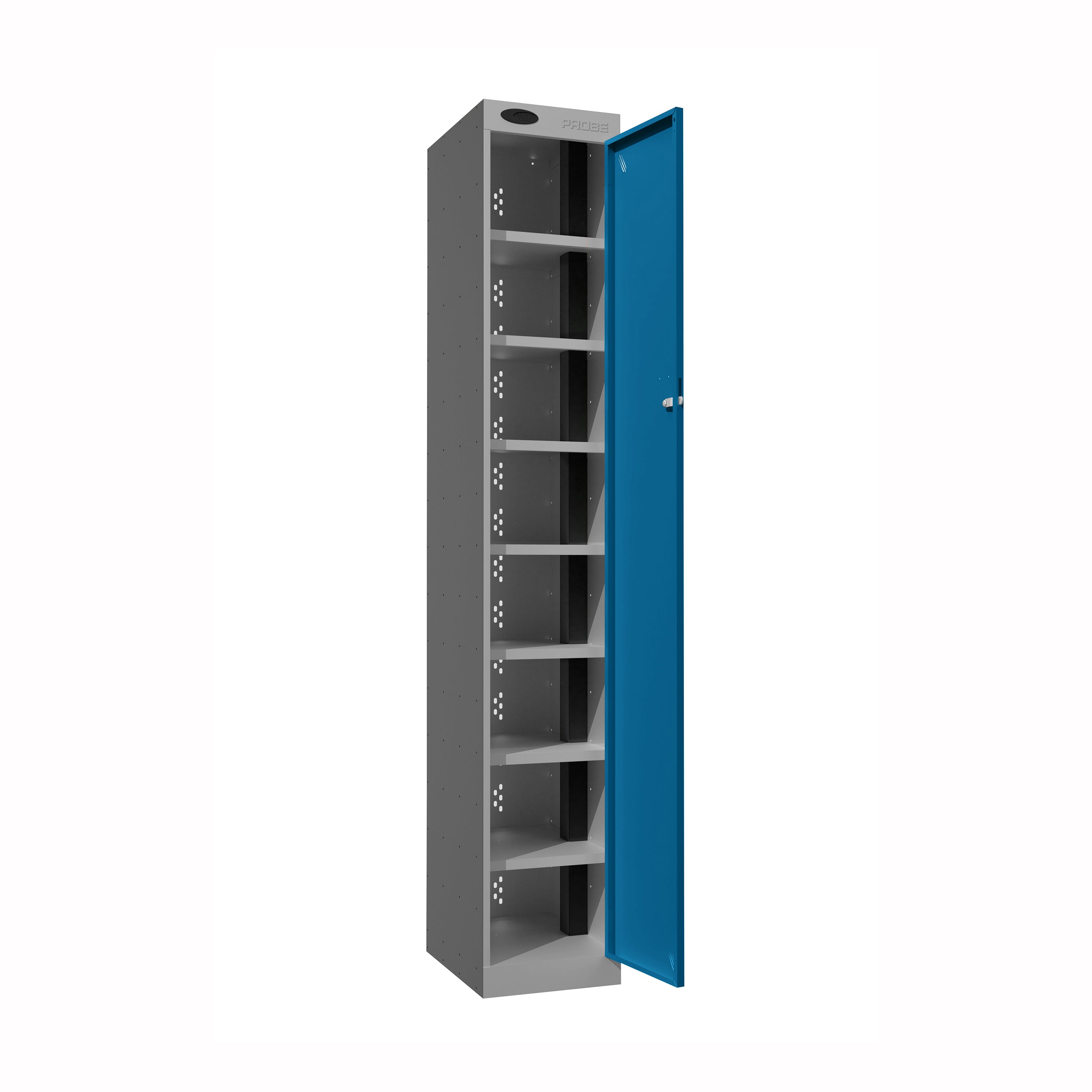 Probe PowerBox Locker — 8 Door, Flat Top, 3-Pin Mains + USB-A + USB-C Charging — Silver Carcass / Blue Doors