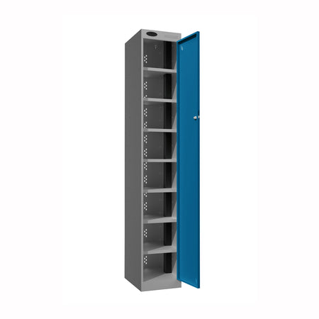 Probe PowerBox Locker — 8 Door, Flat Top, 3-Pin Mains + USB-A + USB-C Charging — Silver Carcass / Blue Doors