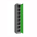 Probe PowerBox Locker — 8 Door, Flat Top, USB-A + USB-C Charging — Silver Carcass / Green Doors