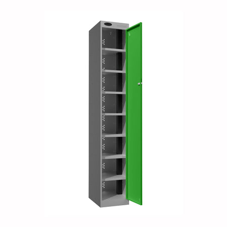 Probe PowerBox Locker — 8 Door, Flat Top, USB-A + USB-C Charging — Silver Carcass / Green Doors