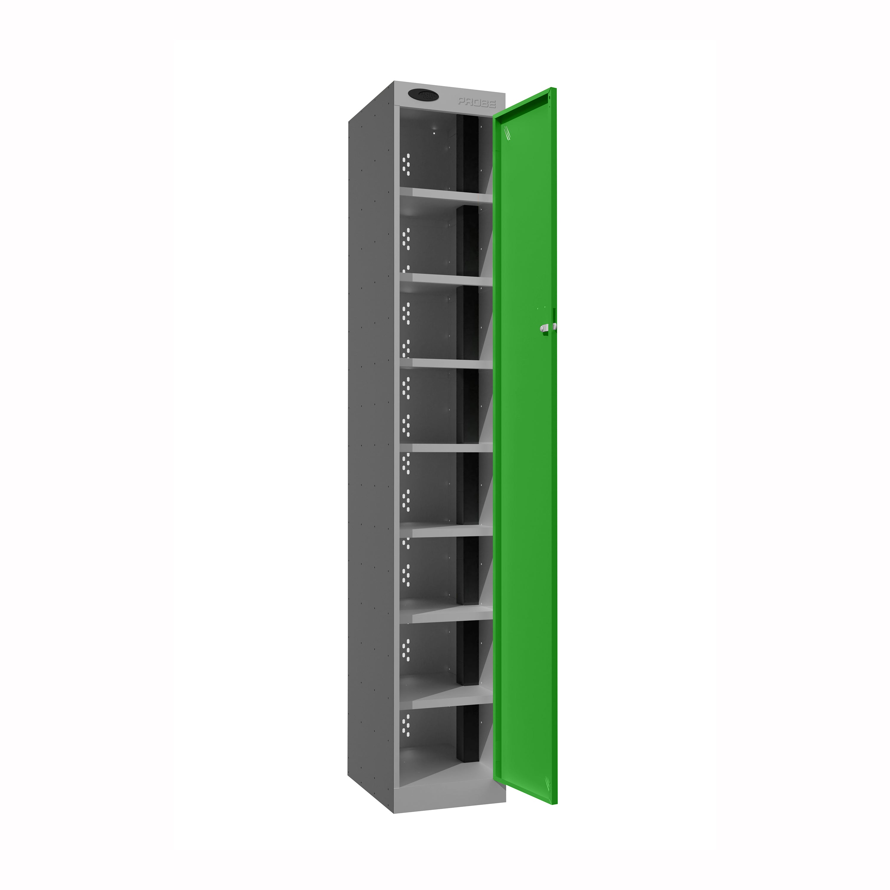 Probe PowerBox Locker — 8 Door, Flat Top, 3-Pin Mains + USB-A + USB-C Charging — Silver Carcass / Green Doors