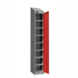 Probe PowerBox Locker — 8 Door, Sloping Top, USB-A + USB-C Charging — Silver Carcass / Red Doors
