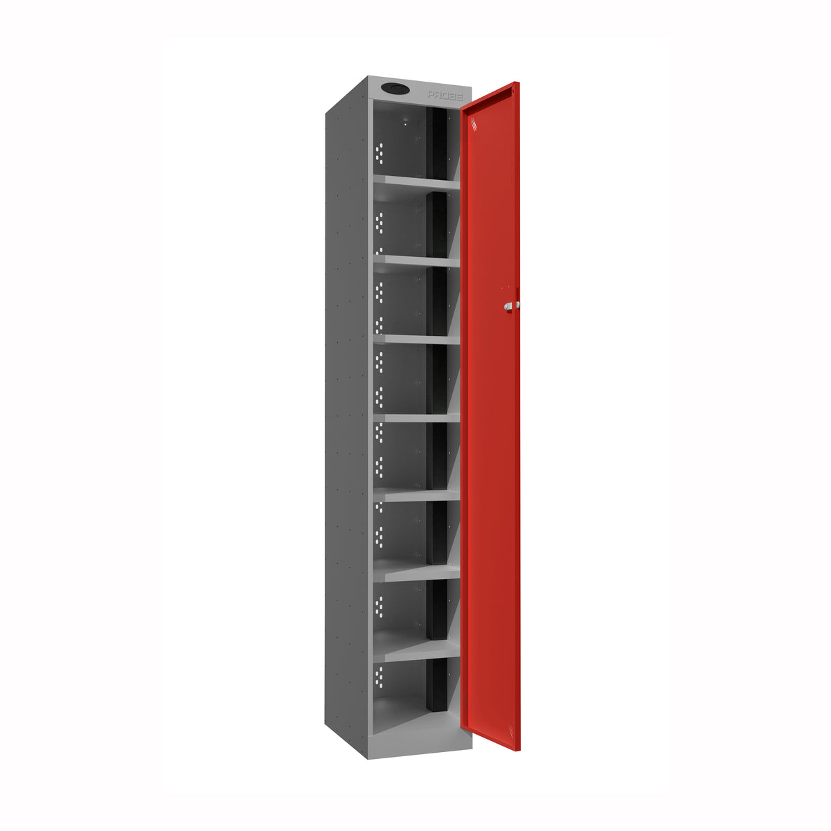 Probe PowerBox Locker — 8 Door, Flat Top, USB-A + USB-C Charging — Silver Carcass / Red Doors