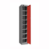 Probe PowerBox Locker — 8 Door, Flat Top, 3-Pin Mains + USB-A + USB-C Charging — Silver Carcass / Red Doors